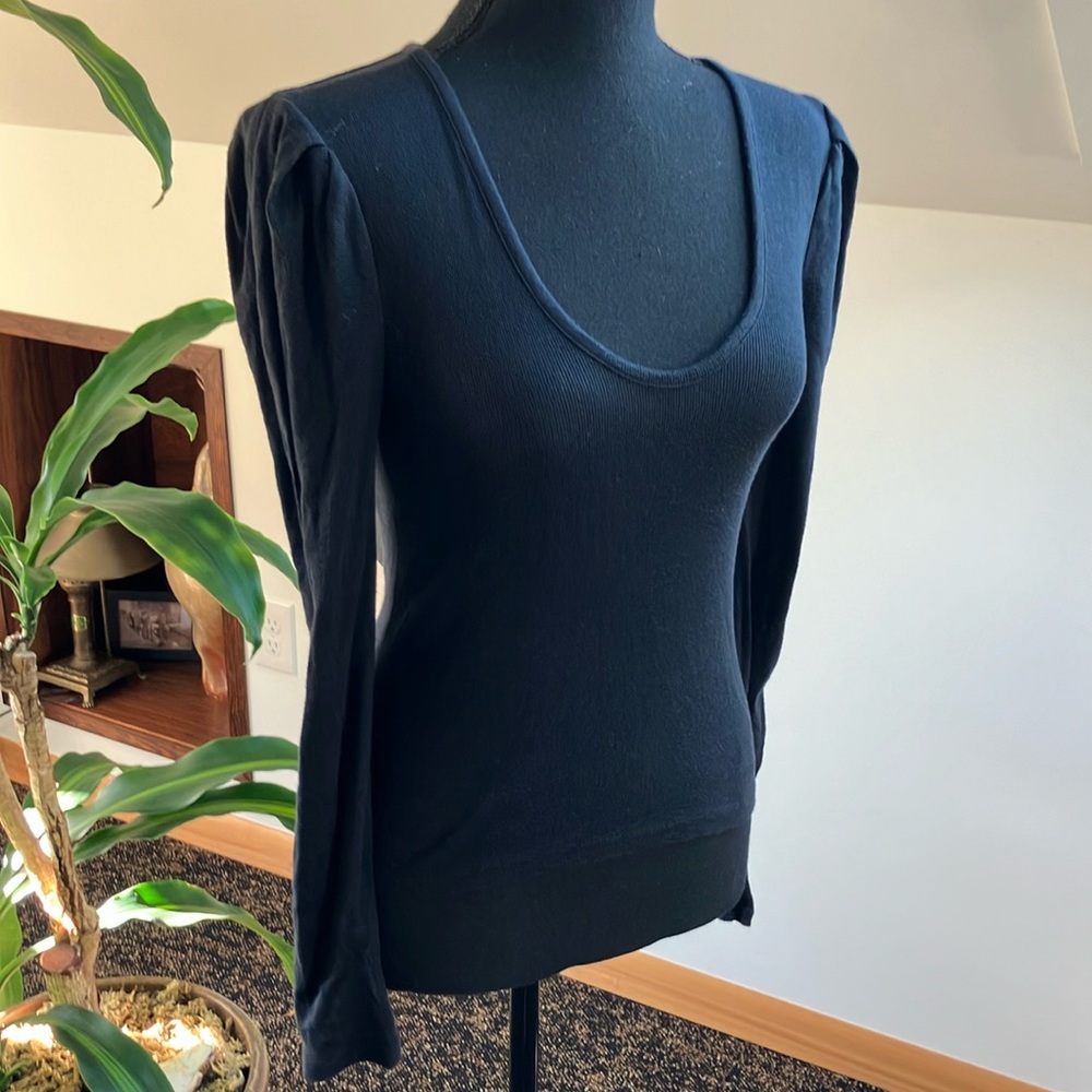 Free People scoop neck, long puff sleeve black sleeve top, black, size S